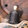 Small glass bottle with a  dwarf Long Beard carved leather belt holder