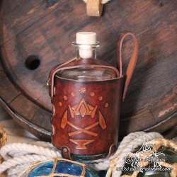 Big glass bottle with a Dwarf coat of arms carved leather belt holder