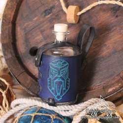 Big glass bottle with a dwarf Long beard carved leather belt holder