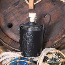 Big glass bottle with a dwarf Long beard carved leather belt holder