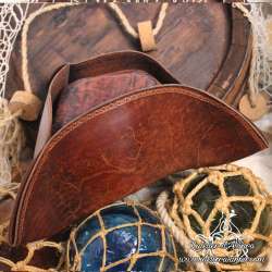 Handemade leather Tricorn hat carved with a Boat and arabesques