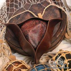 Handemade leather Tricorn hat carved with a Boat and arabesques