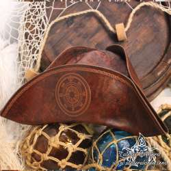 Handemade leather Tricorn hat carved with a Compass Rose