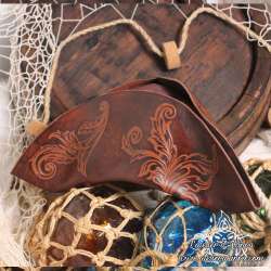 Handemade leather Tricorn hat fully carved with Arabesques